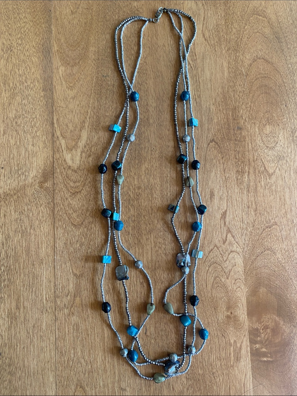 Shell boho triple Multi-Strand Blue & Gray Beaded Necklace